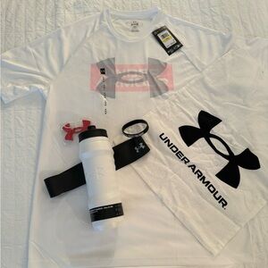Under Armour Light Orange/White Graphic Workout Tee, Sweat towel, water bottle